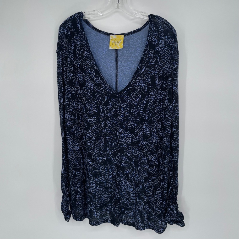 Free People‎ Navy Blue Floral V-Neck High Low Long Sleeve Top Rayon Linen Medium